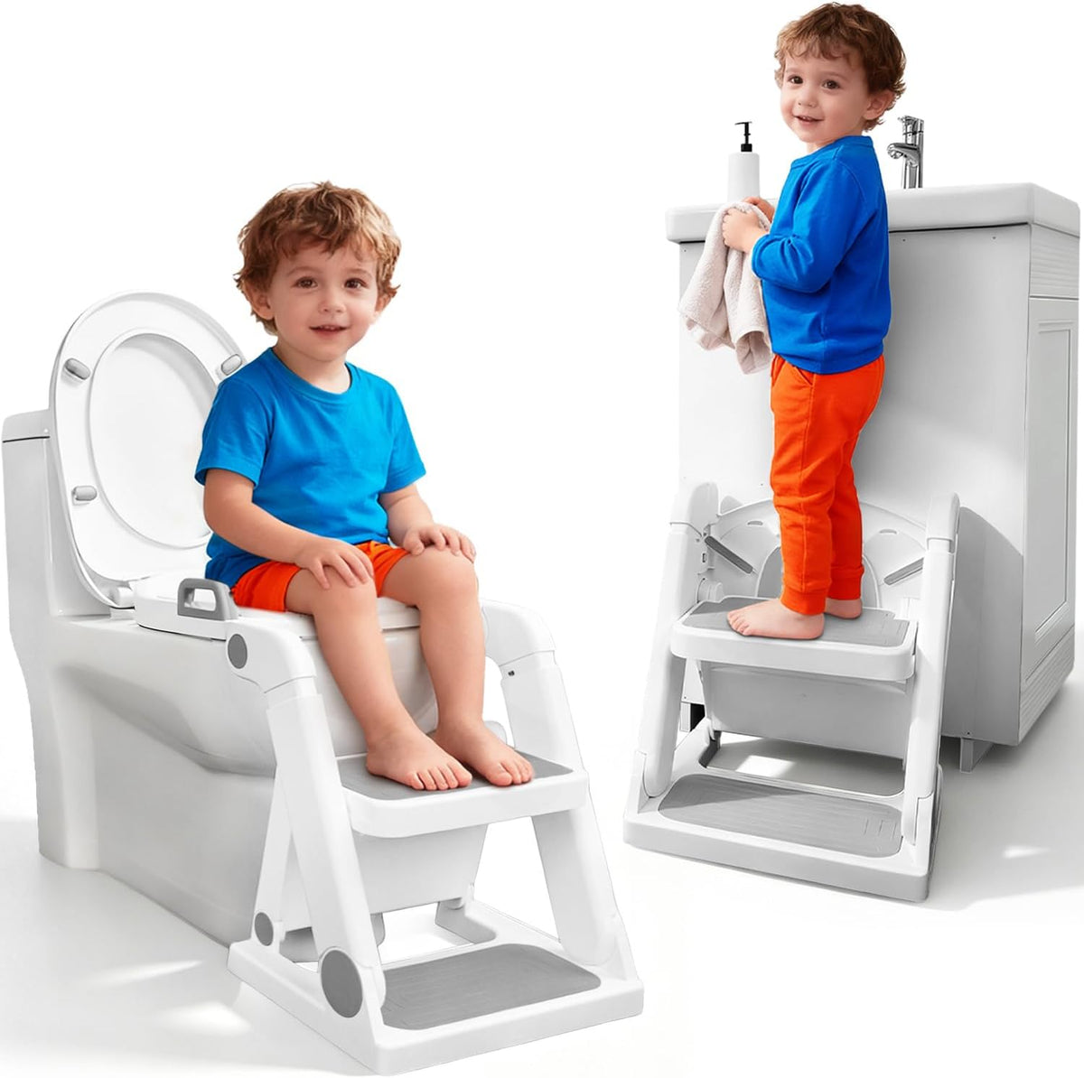 Primlect Potty Training Toilet, 2-in-1 Stable Potty Seat with Step Stool | Adjustable Seat and Step Height, Extra Wide Step, Anti-Slip Pad, Splash Guard, for Boys and Girls, Grey