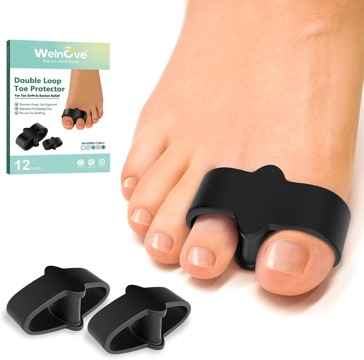 Welnove Pack of 12 Bunion Corrector, Toe Separators with 2 Loops, Big Toe Spacer Suitable for Bunion and Overlap Toe (White)