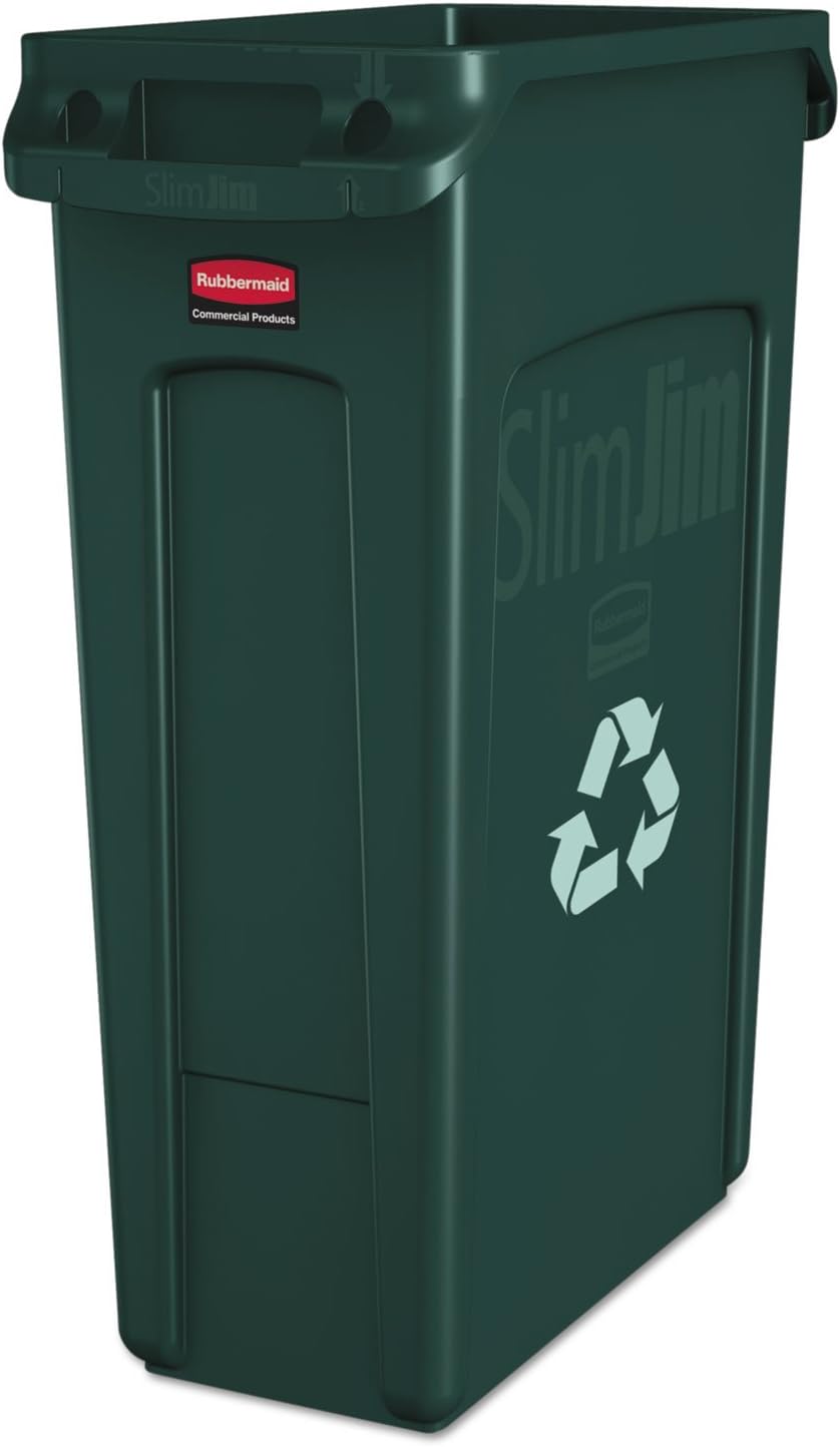 Rubbermaid Commercial Products Slim Jim Plastic Rectangular Trash/Garbage Can With Venting Channels, 23 Gal, Black, for Kitchen/Office/Workspace
