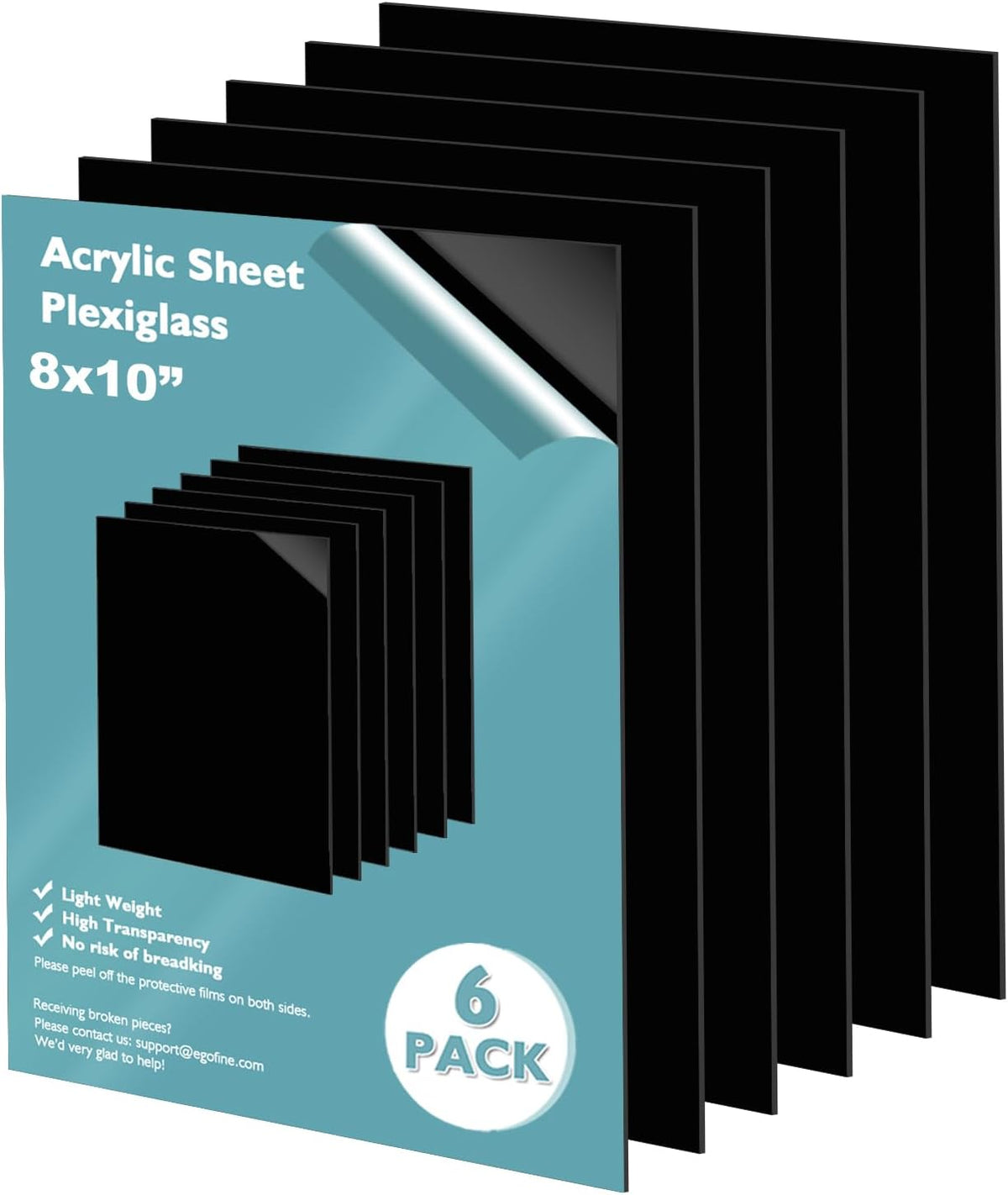 Egofine Plexiglass Sheets Acrylic Sheets 6 Pack of 8x10’’ 0.04 Thick Clear Plastic Cast Transparent Plexi Glass for Crafting Projects, Replacement Picture Frame Glass, DIY Display, Easy to Cut