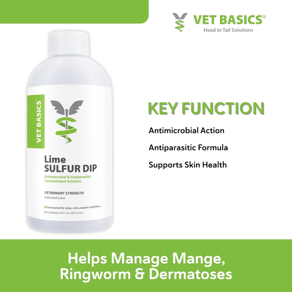 Vet Basics Lime Sulfur Dip – Skin Itch Relief Concentrated Antimicrobial & Antiparasitic Solution for Dogs, Cats, Puppies, Kittens & Horses, Helps Manage Ringworm, Mange, Skin Irritation, 16oz