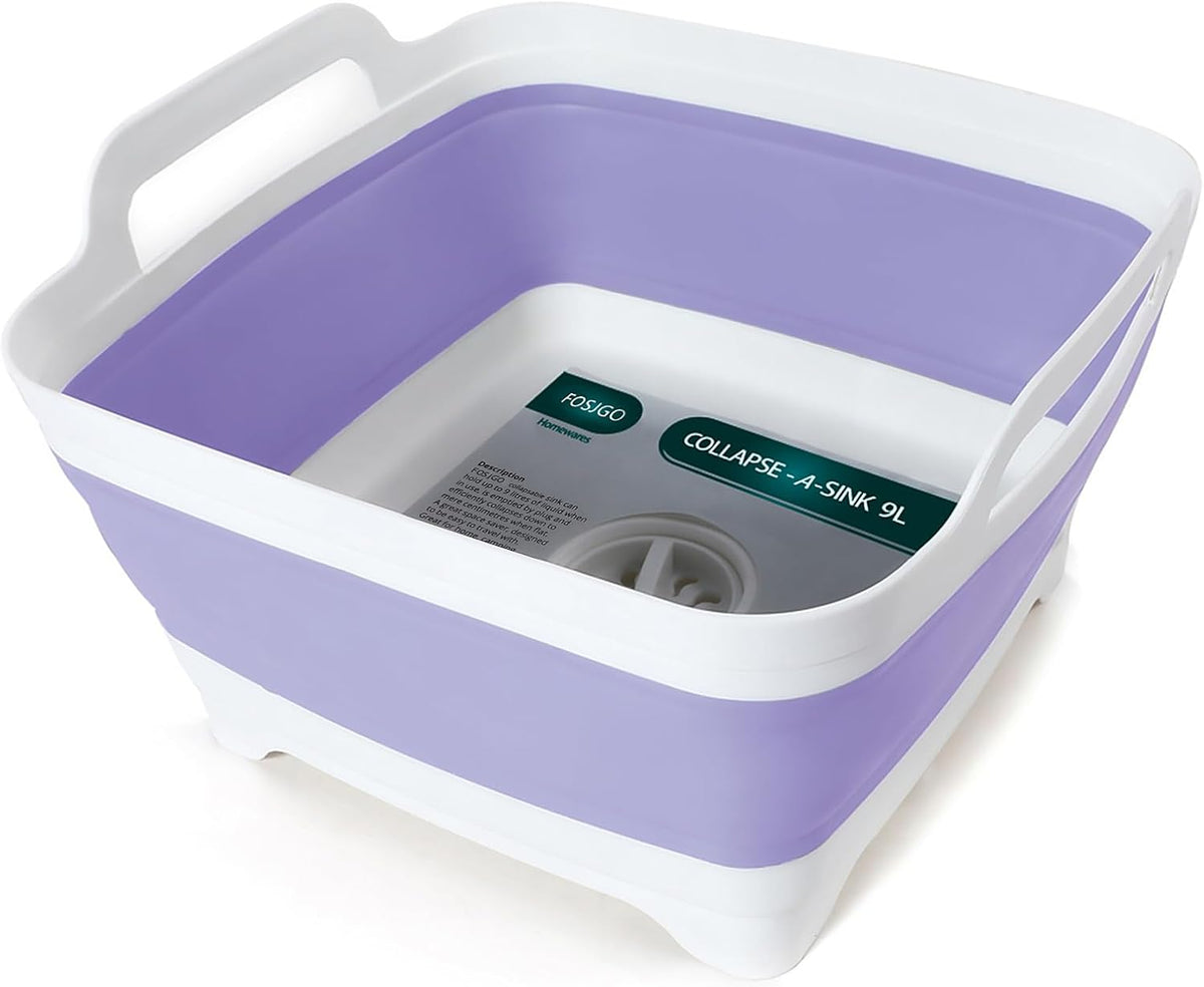 FOSJGO Collapsible Dish Basin with Drain Plug, Foldable Sink, 2.4 Gal (9L)