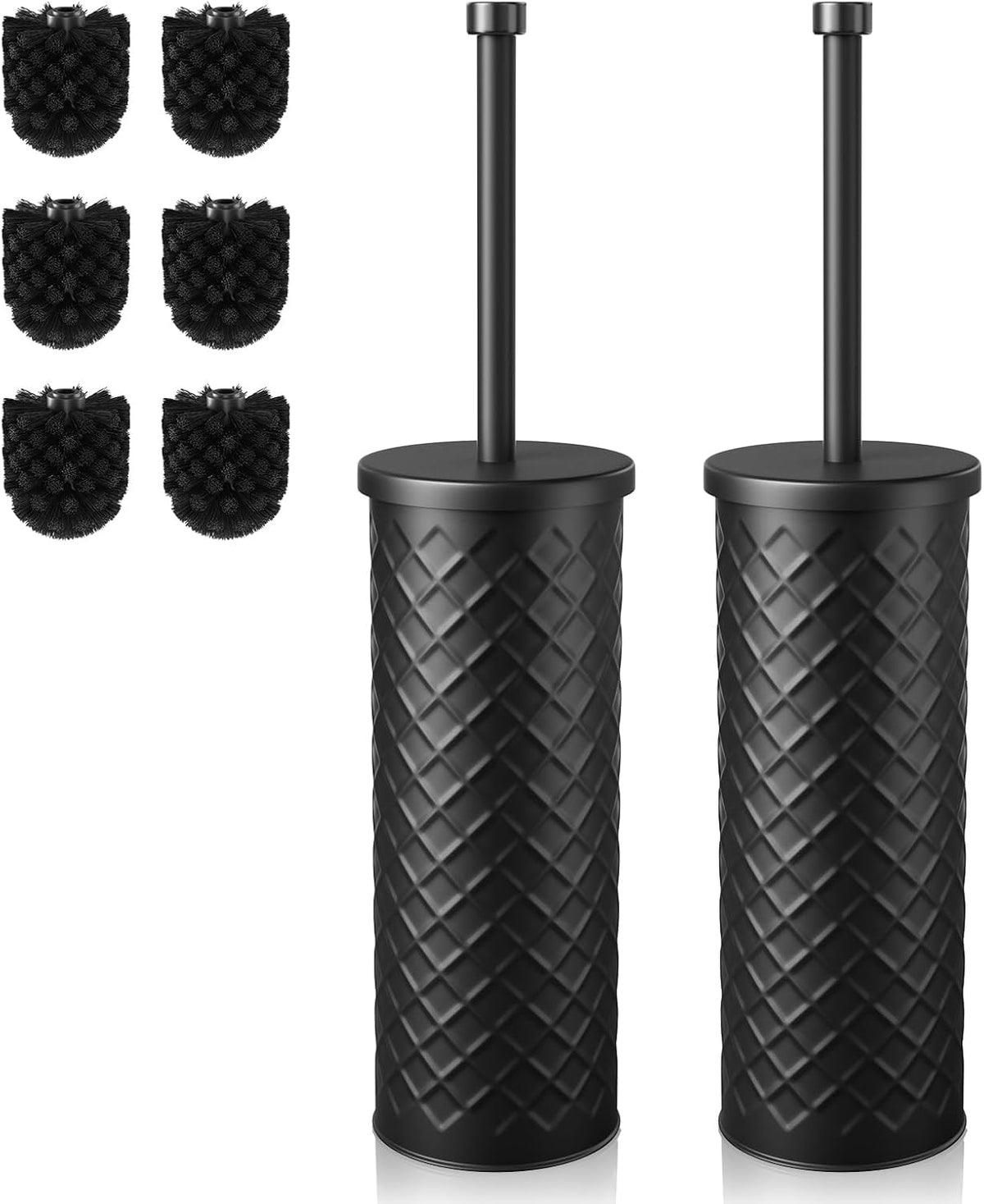 Toilet Bowl Brush and Holder Set 2 Pack with 4 Extra Brush Heads (Black)
