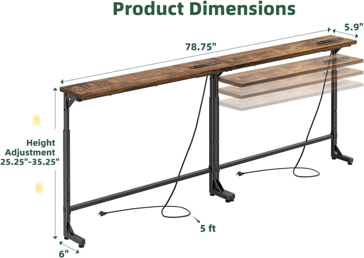 Simple Trending 78.75” Console Table, Narrow Behind Couch Table, Adjustable Sofa Tables with Outlet, for Living Room, Rustic Brown