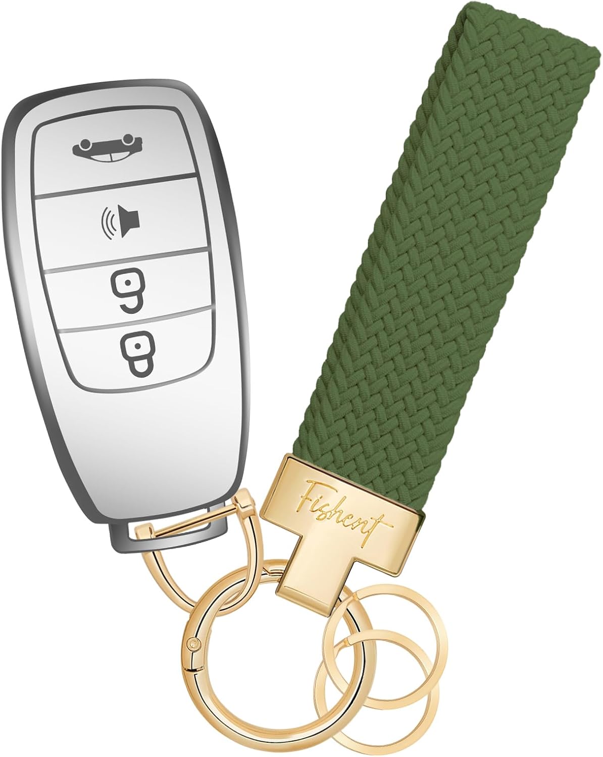 Fishent Stretchy Car Keychain, Nylon Braided Cool Key Chain for Women Men, Universal Key Fob Holder with 3 Keyrings, Anti-Lost D-Ring, Car Accessories, Starlight