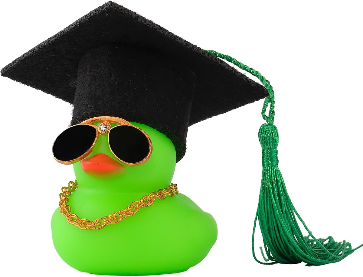wonuu Car Dashboard Decor Graduation Hat Color Rubber Duck, Car Ducks Ornaments with Mini Graduation Hat Necklace Sunglasses (Gold)