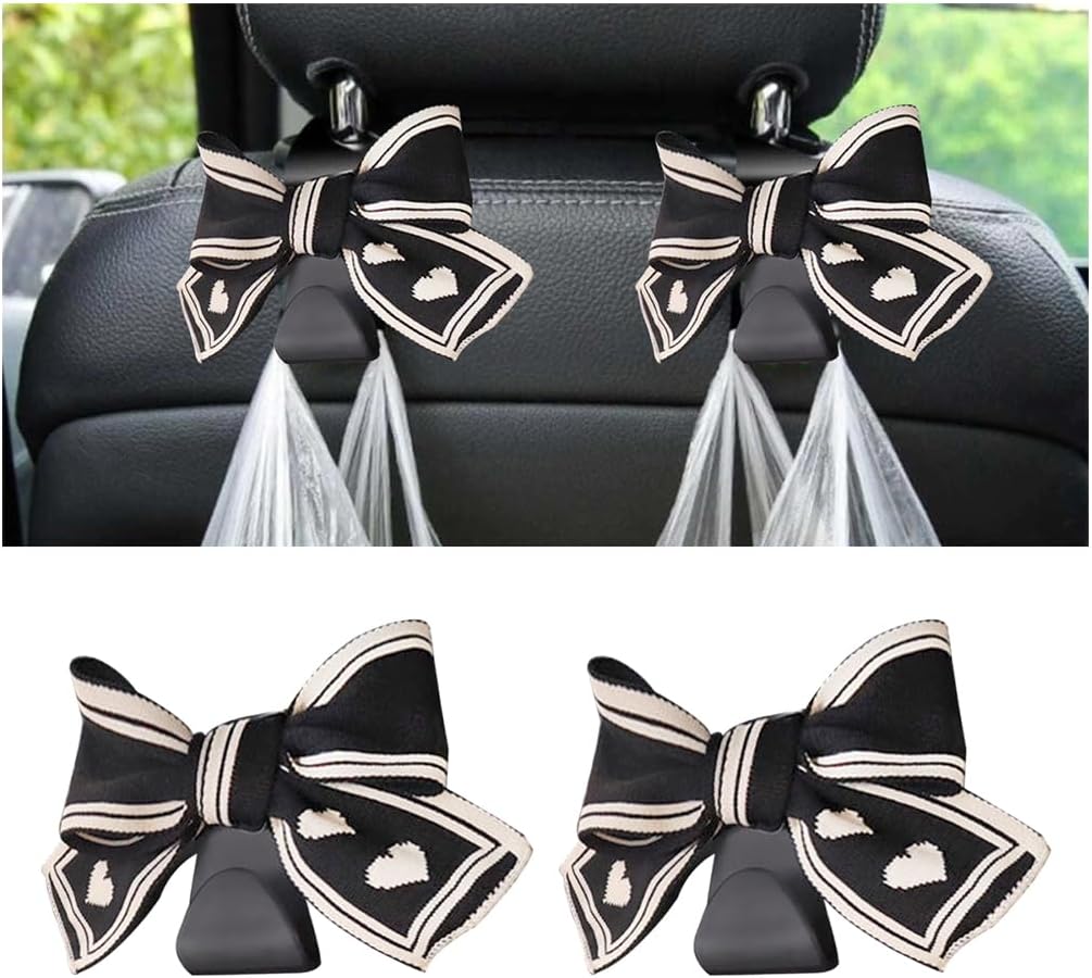 Mandark 2PCS Bow Car Headrest Hooks for Bags, Black Line