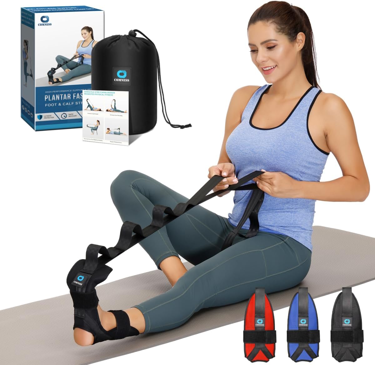 comness Foot and Calf Stretcher-Stretching Strap For Plantar Fasciitis, Heel Spurs, Foot Drop, Achilles Tendonitis & Hamstring. Yoga Foot & Leg Stretch Strap. (Black)