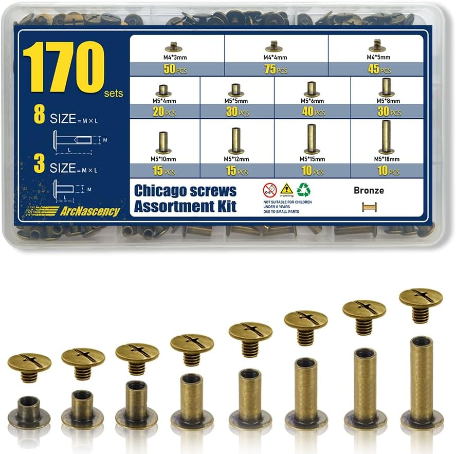 130 Sets Gunmetal Black Chicago Screws Leather Rivets Kit, 7 Sizes (M5*4,5,6,8,10,12,15) & 3 Screw Lengths (M4*3,4,5) for Belts, Bookbinding, DIY Leather