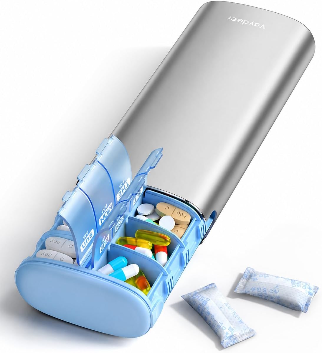 Vaydeer Metal 7 Day Travel Pill Organizer 2 Times a Day, Built-in Desiccant