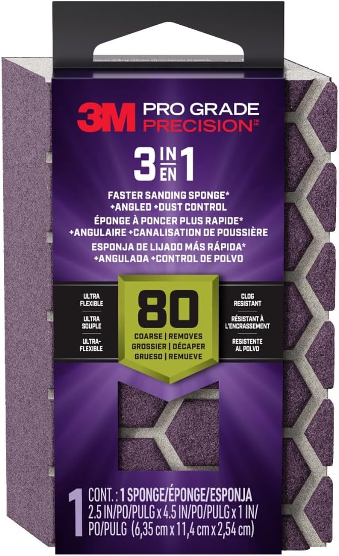 3M Pro Grade Precision 3-in-1 Sanding Sponge, 220 Grit Fine, 2 Sponges, Washable & Reusable, for Wood, Metal, Drywall, and Paint Prep – Flexible Foam, Contoured, Angled, Flat