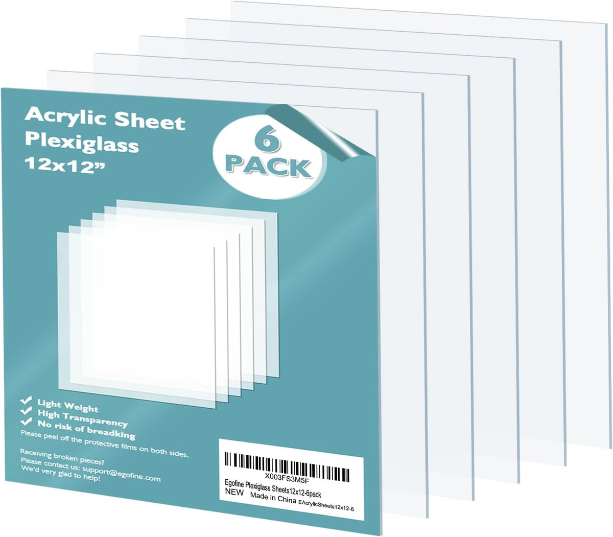 Egofine Plexiglass Sheets Acrylic Sheets 6 Pack of 8x10’’ 0.04 Thick Clear Plastic Cast Transparent Plexi Glass for Crafting Projects, Replacement Picture Frame Glass, DIY Display, Easy to Cut