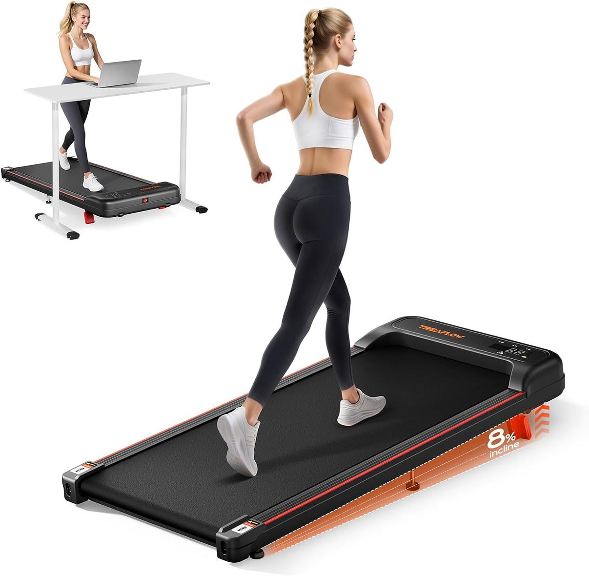 TREAFLOW Walking Pad with Incline, Under Desk Treadmills for Home