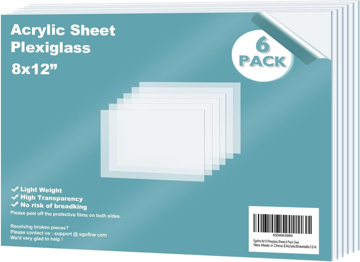 Egofine Plexiglass Sheets Acrylic Sheets 6 Pack of 8x10’’ 0.04 Thick Clear Plastic Cast Transparent Plexi Glass for Crafting Projects, Replacement Picture Frame Glass, DIY Display, Easy to Cut