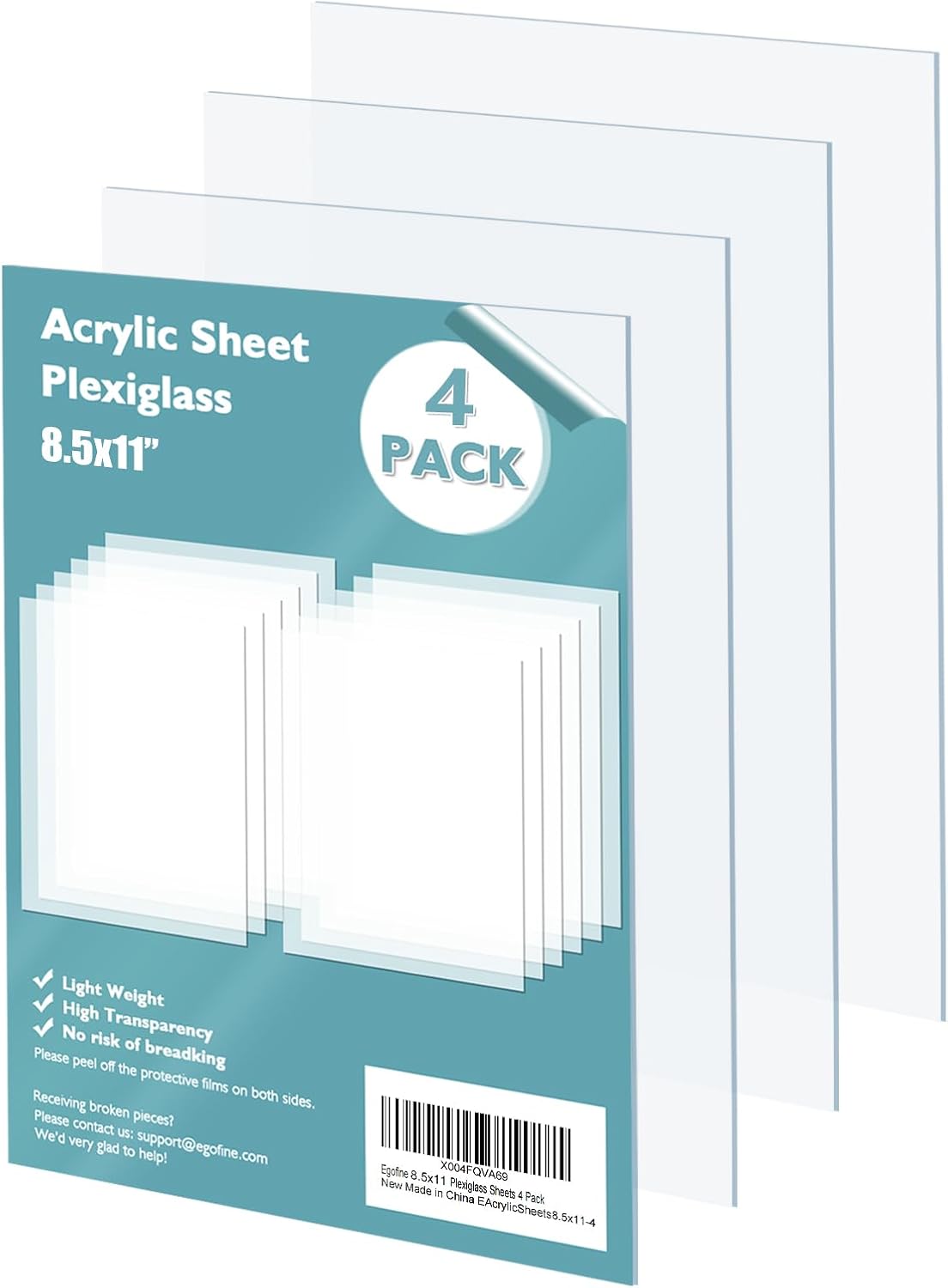 Egofine Plexiglass Sheets Acrylic Sheets 6 Pack of 8x10’’ 0.04 Thick Clear Plastic Cast Transparent Plexi Glass for Crafting Projects, Replacement Picture Frame Glass, DIY Display, Easy to Cut