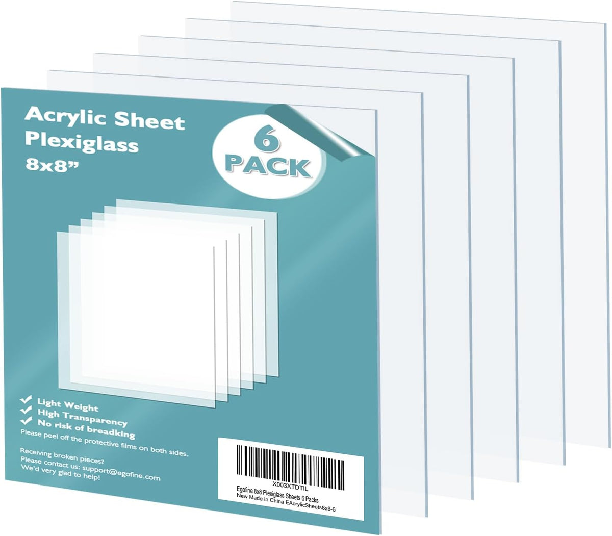 Egofine Plexiglass Sheets Acrylic Sheets 6 Pack of 8x10’’ 0.04 Thick Clear Plastic Cast Transparent Plexi Glass for Crafting Projects, Replacement Picture Frame Glass, DIY Display, Easy to Cut