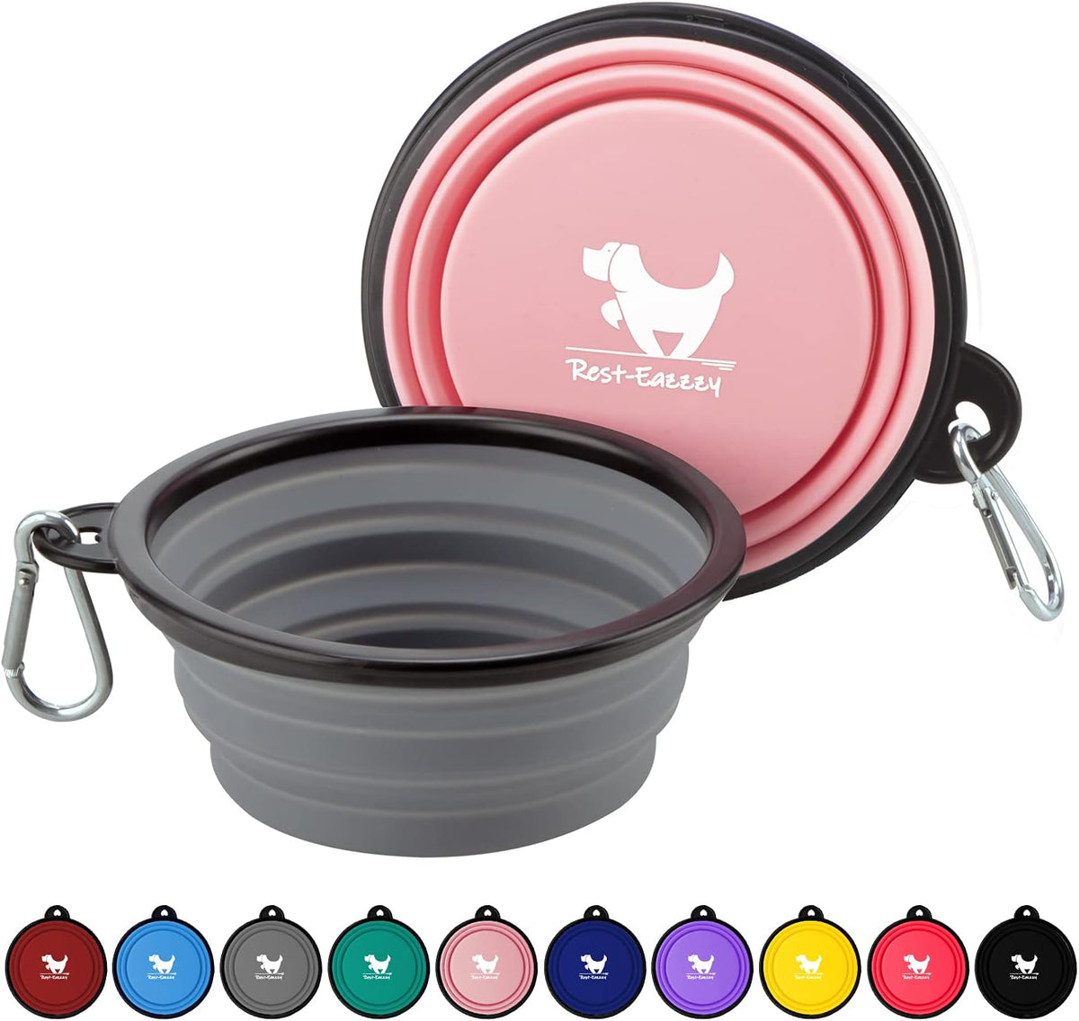 Rest-Eazzzy Collapsible Dog Bowls, 2 Pack Sturdy Portable Dog Water Bowls | Wear-Resistant TPE, Anti-Dust Foldable Travel Dog & Cat Bowls for Camping Walking Hiking with Carabiners