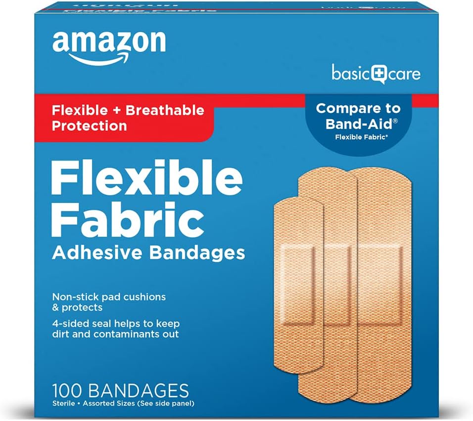 Amazon Basic Care Flexible Fabric Adhesive Bandages, First Aid for Wounds and Scrapes, Breathable with Non-Stick Pad, Latex Free, 100 Count