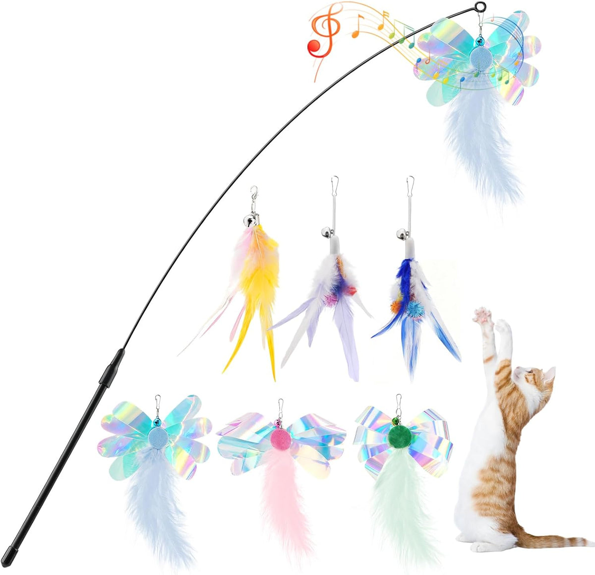Pawaboo Cat Feather Wand Interactive Toy, 2 Feathers + 1 Wand with Bell