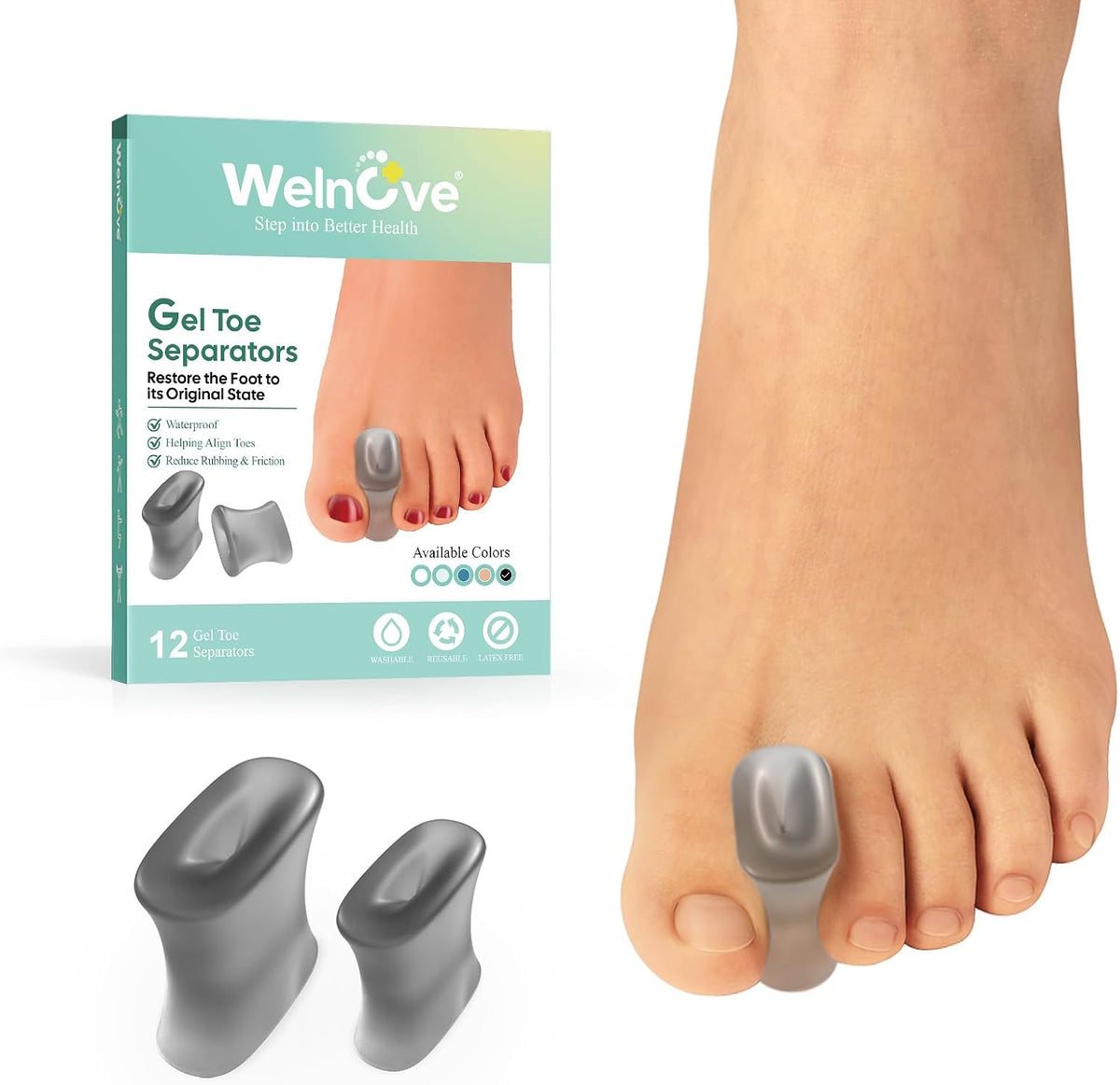 Welnove 12-Pack Gel Toe Separators – Bunion Pads – Toe Spacers for Straightening Overlapping Toes for Men and Women - Transparent