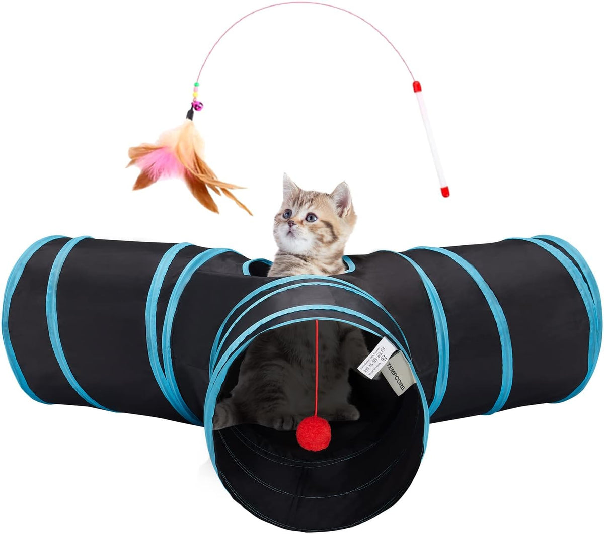 Tempcore Cat Tunnel, 3-Way Collapsible Toy for Indoor Cats, Black & Blue