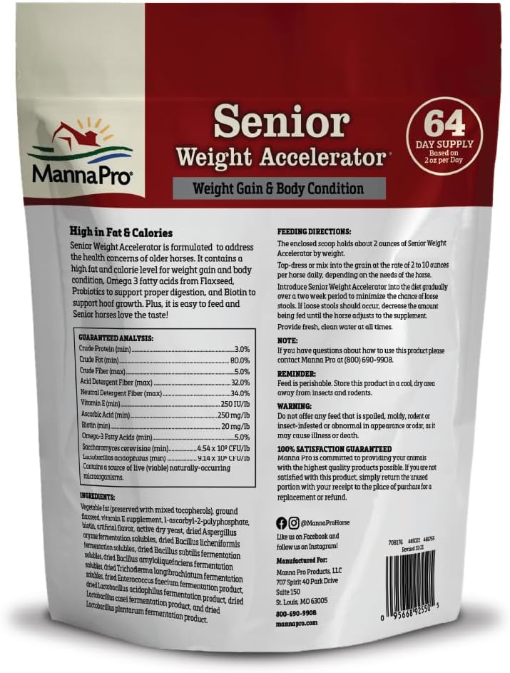 Manna Pro Weight Accelerator Horse Supplement, Meal Topper, Omega-3, 8 lb