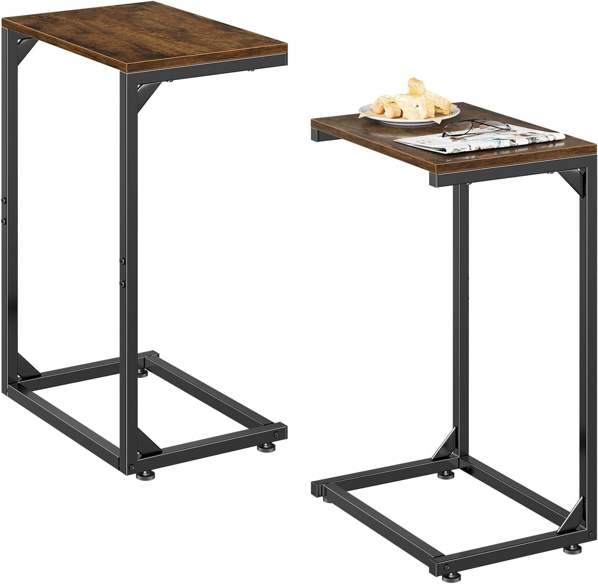 Simple Trending C Shaped End Table, TV Tray for Couch, Small Side Table with Metal Frame, for Living Room Bedroom, Rustic Brown