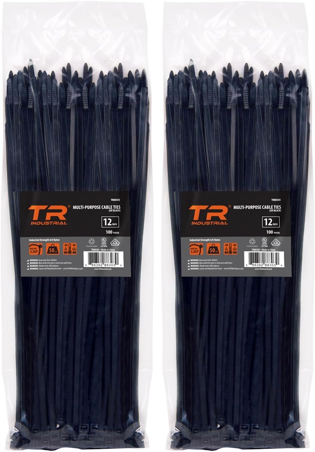 TR Industrial Multi-Purpose UV Resistant Black Cable Ties, 8 inches, 100 Pack