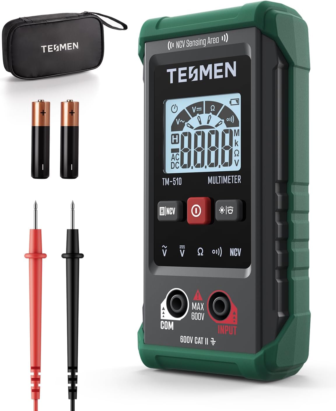 TM-510 Digital Multimeter, 4000 Counts, Smart Measurement, Auto-Ranging Voltmeter; Voltage Tester with Non-Contact Voltage Function, Measures AC/DC Voltage, Resistance, Continuity – Green