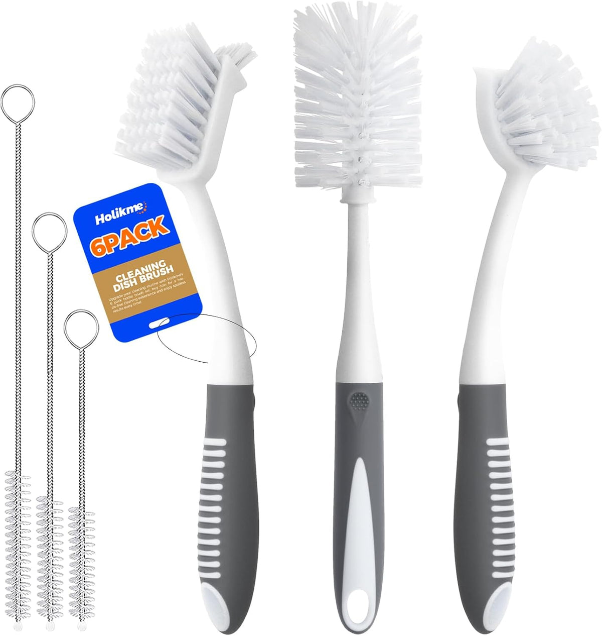 Holikme 6 Pack Dish Brush Set with Bottle Brush, Dish Scrub Brush,Gray