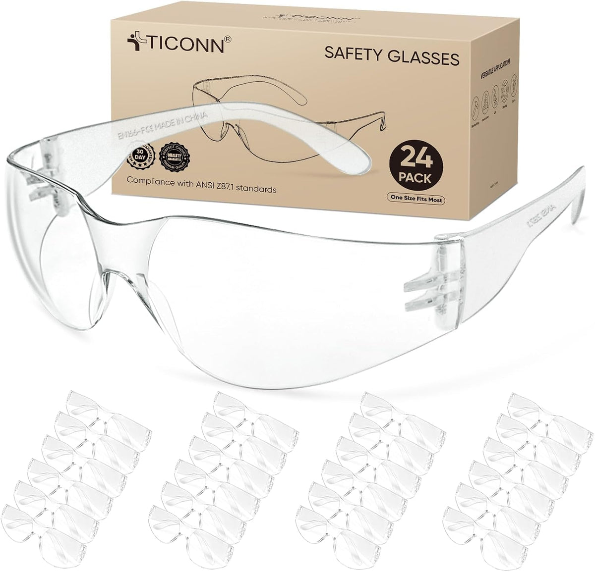 TICONN Clear Safety Glasses for Men & Women, ANSI Z87.1 Safety Goggles