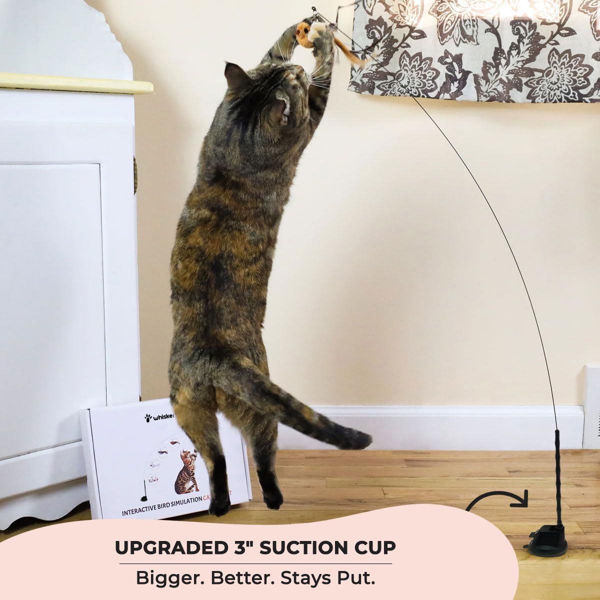 Whiskertons Interactive Bird Simulation Cat Toy Set, Interactive Cat Toys for Indoor Cats, Cat Feather Toy, Self-Holding Suction Base, 5 Replacement Birds, Feathers & Bells, Realistic Bird Impression