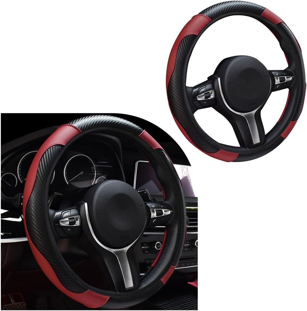 povtii Car Steering Wheel Cover, 15 Inch Leather Breathable Auto Steering Wheel Protector, Comfortable Non-Slip Vehicle Steering Wheel Covers, Universal Interior Car Accessories (Black+Pink)