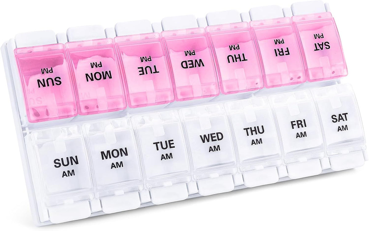 Sukuos AM PM Weekly Pill Organizer 2 Times A Day, Large Daily Pill Box Case 7 Day with Easy Push Button Design, Detachable Medicine Holder for Vitamin/Fish Oil/Supplements (Rainbow)