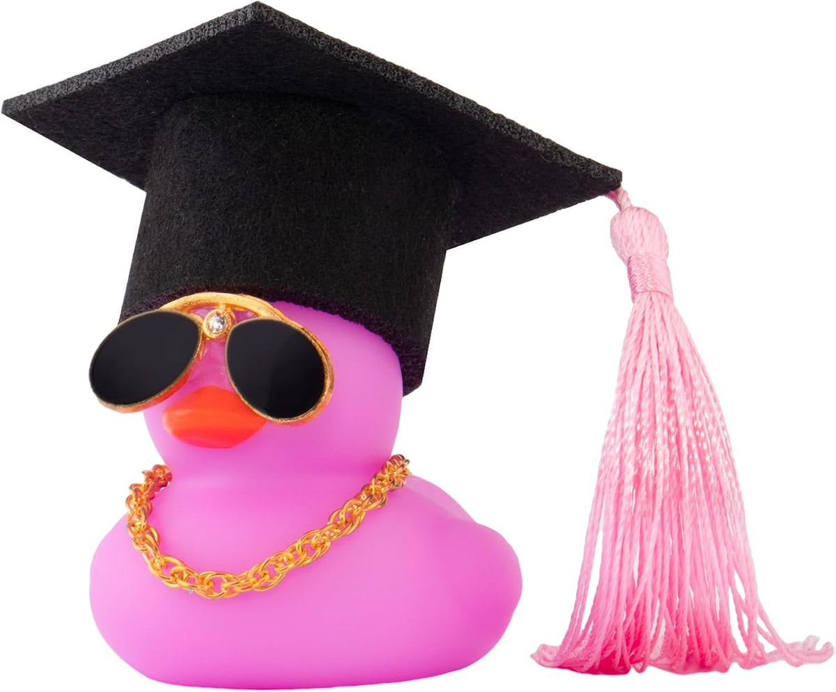 wonuu Car Dashboard Decor Graduation Hat Color Rubber Duck, Car Ducks Ornaments with Mini Graduation Hat Necklace Sunglasses (Gold)