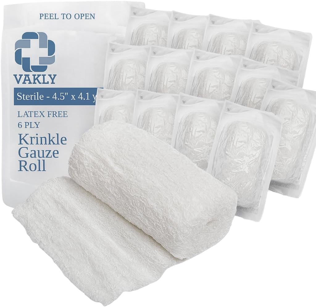 Vakly Sterile Kerlix Krinkle Gauze Rolls 4.5x4.1 yd 6-Ply Cotton, 15 Pack