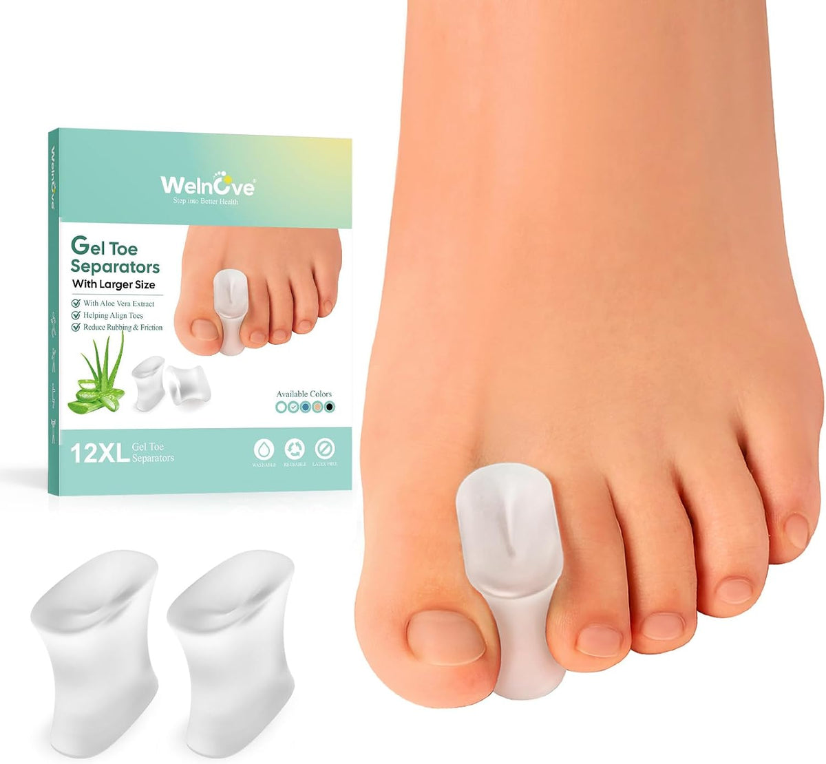 Welnove 12-Pack Gel Toe Separators – Bunion Pads – Toe Spacers for Straightening Overlapping Toes for Men and Women - Transparent