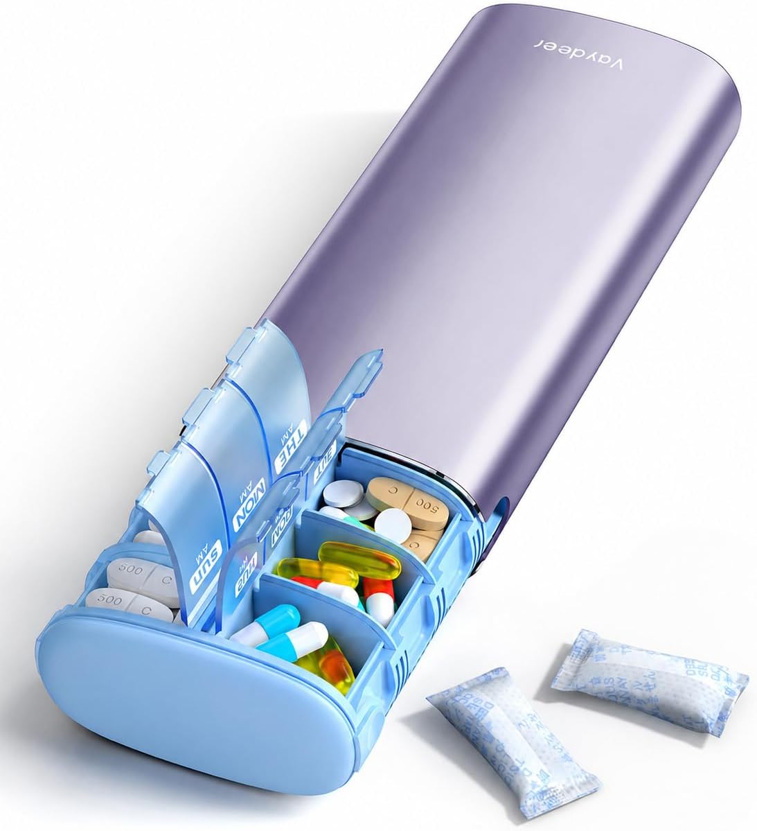 Vaydeer Metal 7 Day Travel Pill Organizer 2 Times a Day, Built-in Desiccant