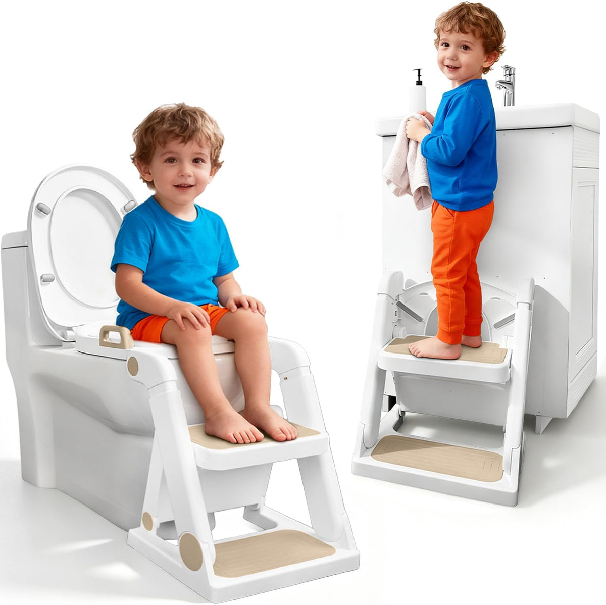 Primlect Potty Training Toilet, 2-in-1 Stable Potty Seat with Step Stool | Adjustable Seat and Step Height, Extra Wide Step, Anti-Slip Pad, Splash Guard, for Boys and Girls, Grey