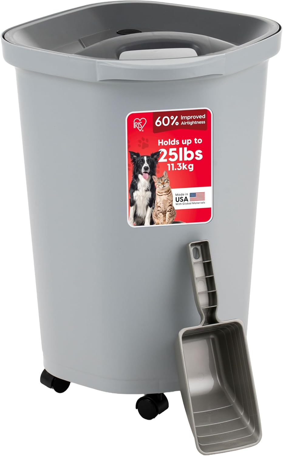 IRIS USA Airtight Pet Food Storage Rolling Container, 30 lb Capacity, Black | Airtight seal keeps kibble, bird seed, and pet food fresh while wheels provide easy mobility around the home.
