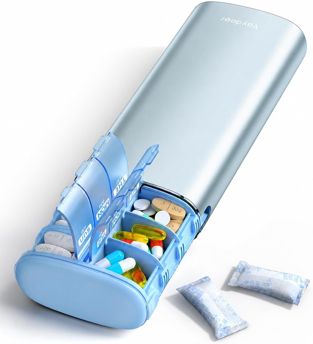 Vaydeer Metal 7 Day Travel Pill Organizer 2 Times a Day, Built-in Desiccant