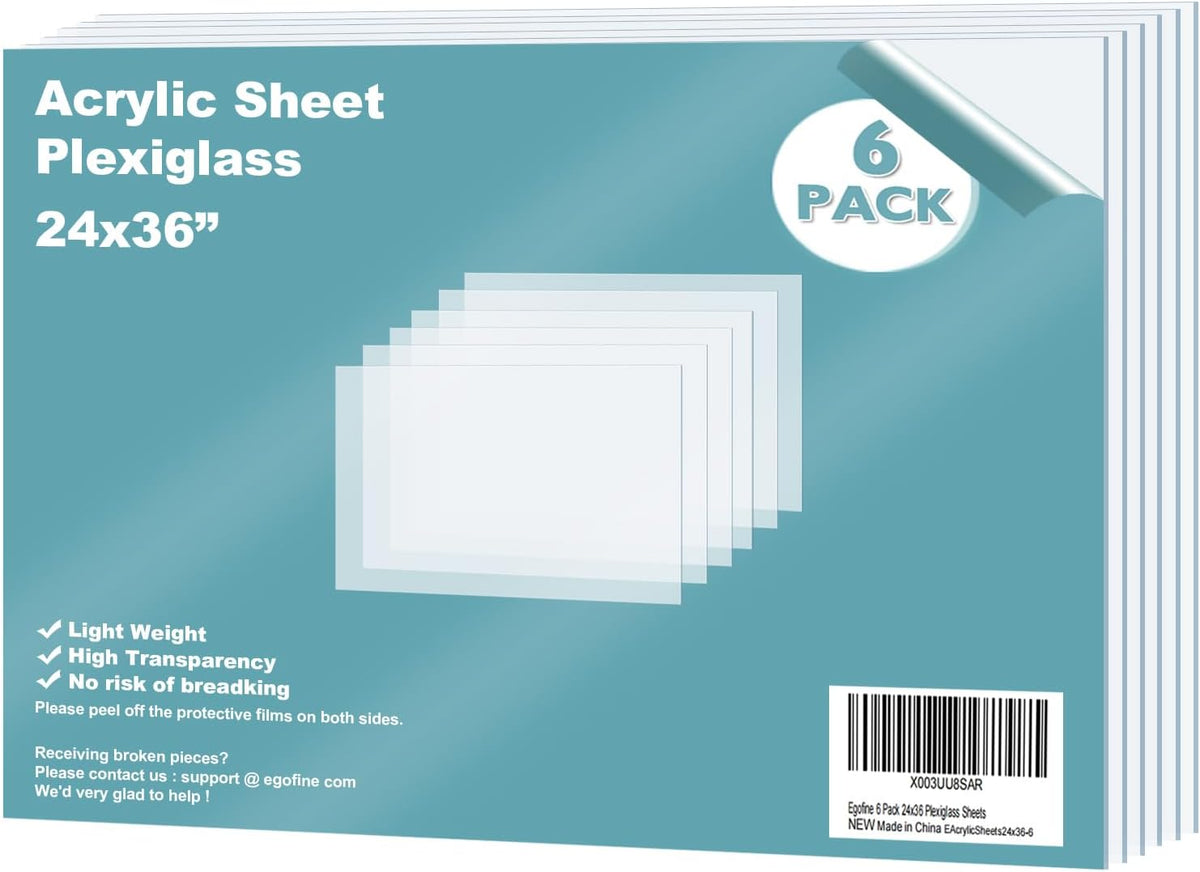 Egofine Plexiglass Sheets Acrylic Sheets 6 Pack of 8x10’’ 0.04 Thick Clear Plastic Cast Transparent Plexi Glass for Crafting Projects, Replacement Picture Frame Glass, DIY Display, Easy to Cut