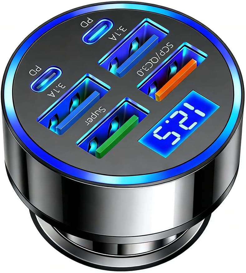 USB C Car Charger Adapter with Voltmeter Compatible with iPhone, Super+ QC3.0 6 in 1 Multi-Port Super Fast Charging Cigarette Lighter USB Charger for Android, Samsung