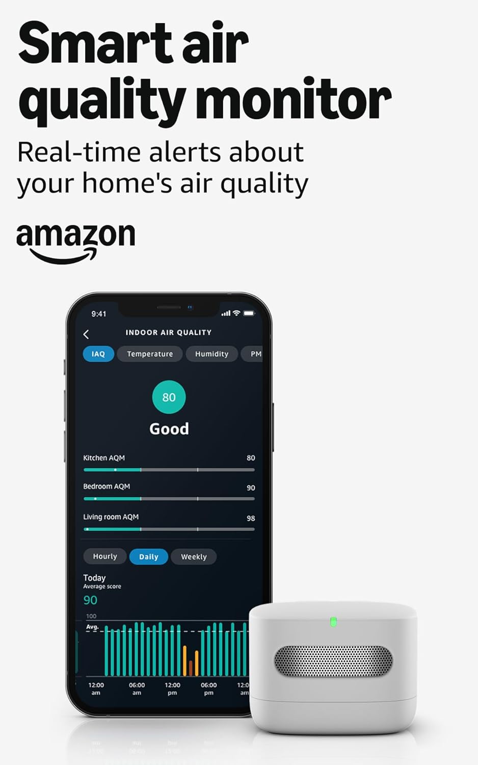 Amazon Smart Air Quality Monitor, Detects temperature, humidity, carbon monoxide, PM2.5 and VOCs, Get notifications when air quality drops, Works with Alexa