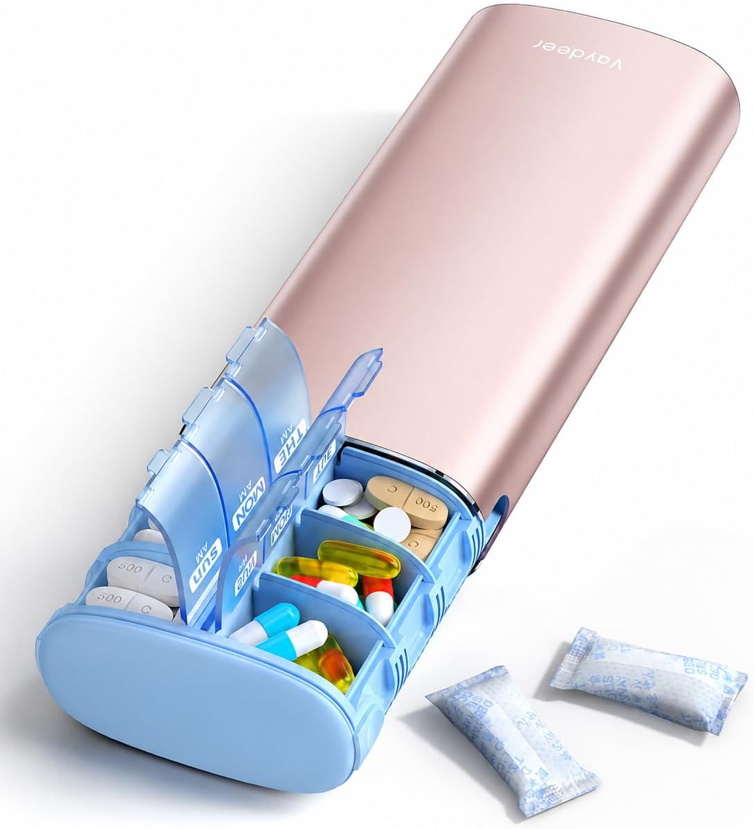 Vaydeer Metal 7 Day Travel Pill Organizer 2 Times a Day, Built-in Desiccant