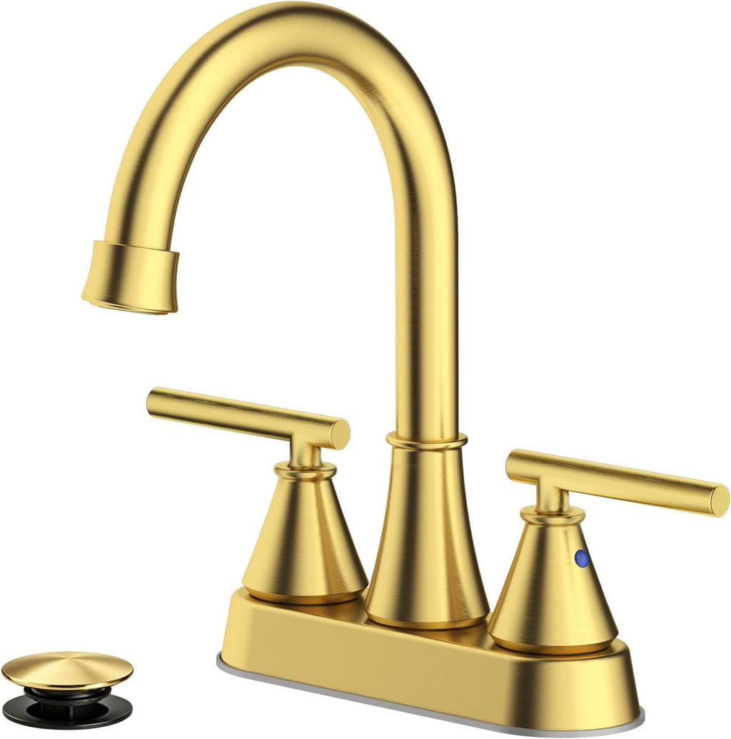 Bathroom Sink Faucet 4 Inch 2 Handle Centerset Brushed Gold Lead-Free Modern Bathroom Faucet Vanity Faucet with Pop-up Drain Stopper and Supply Hoses