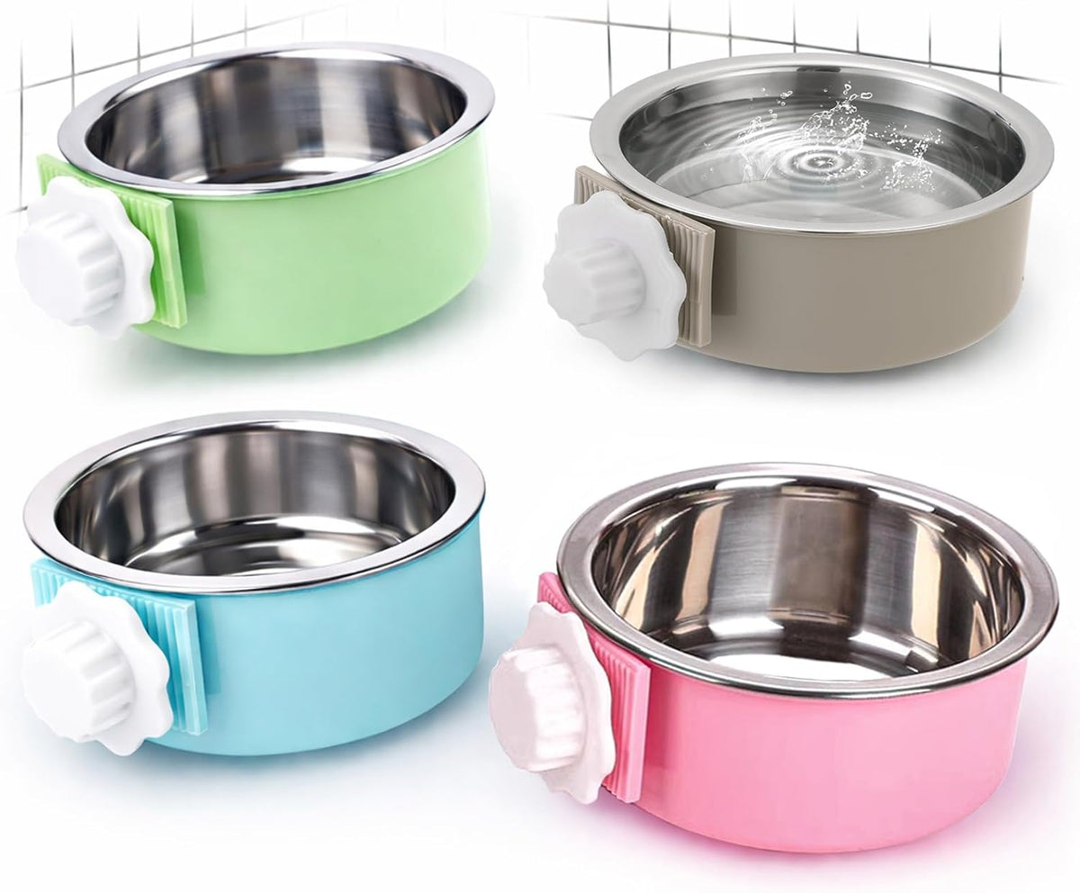 Mechpia 2 Pieces Crate Dog Bowl, Removable Stainless Steel Pet Kennel Hanging Food Water Feeder Bowl Cage Coop Cup for Puppy Medium Dog Cat Rabbit Ferret Bird (Blue,Green)