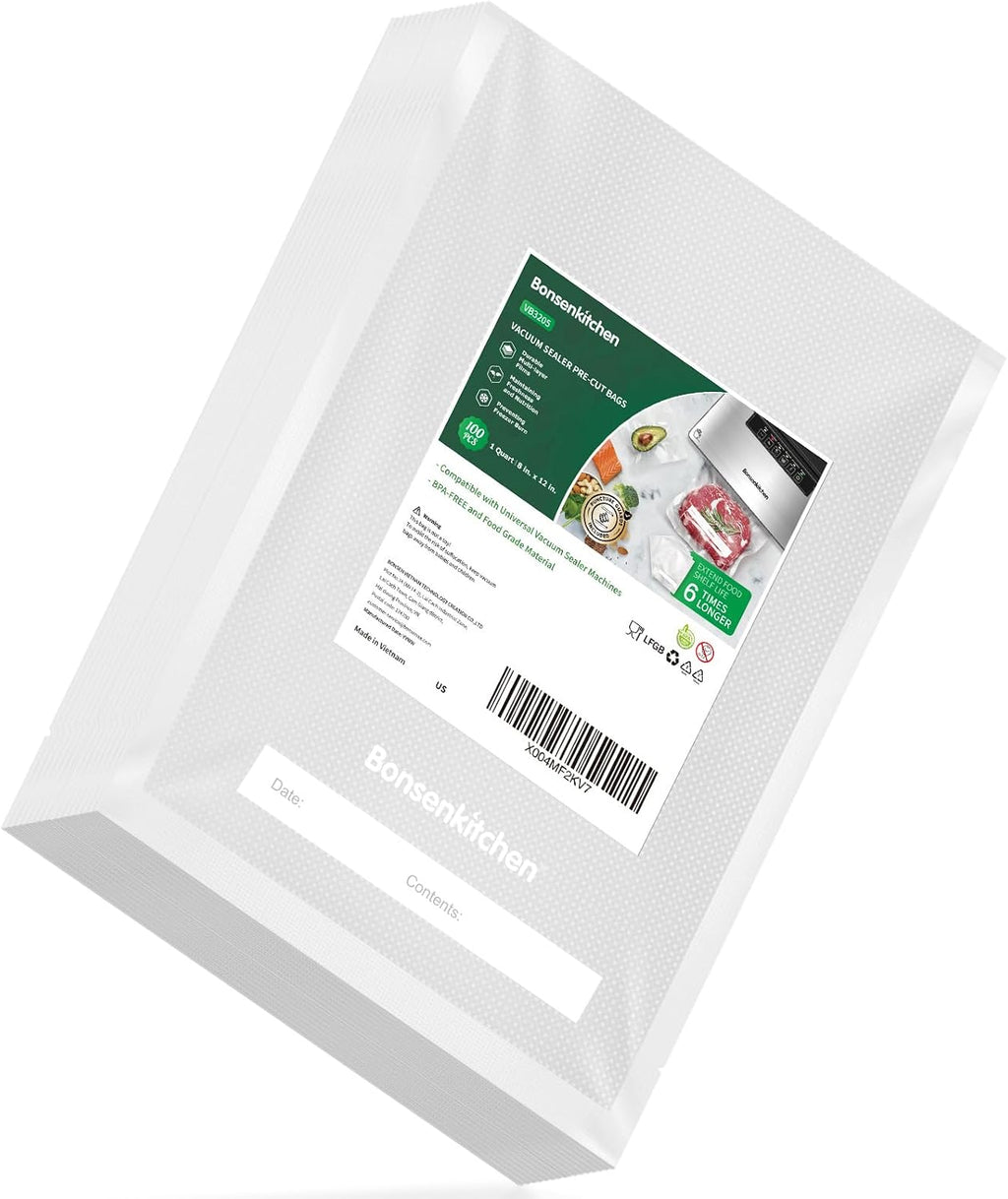 Bonsenkitchen Precut Vacuum Sealer Bags 200 Quart 8" x 12", BPA Free