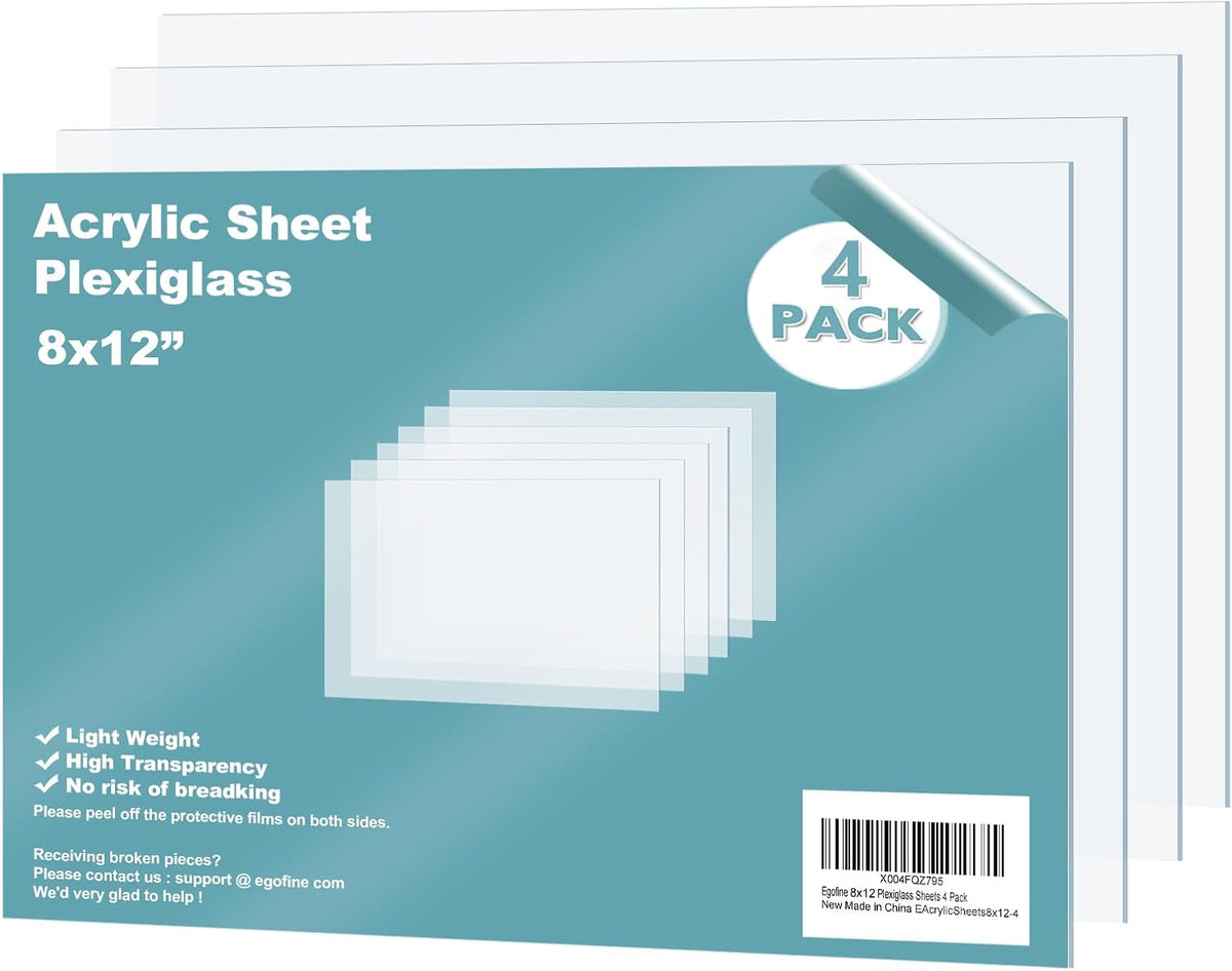 Egofine Plexiglass Sheets Acrylic Sheets 6 Pack of 8x10’’ 0.04 Thick Clear Plastic Cast Transparent Plexi Glass for Crafting Projects, Replacement Picture Frame Glass, DIY Display, Easy to Cut