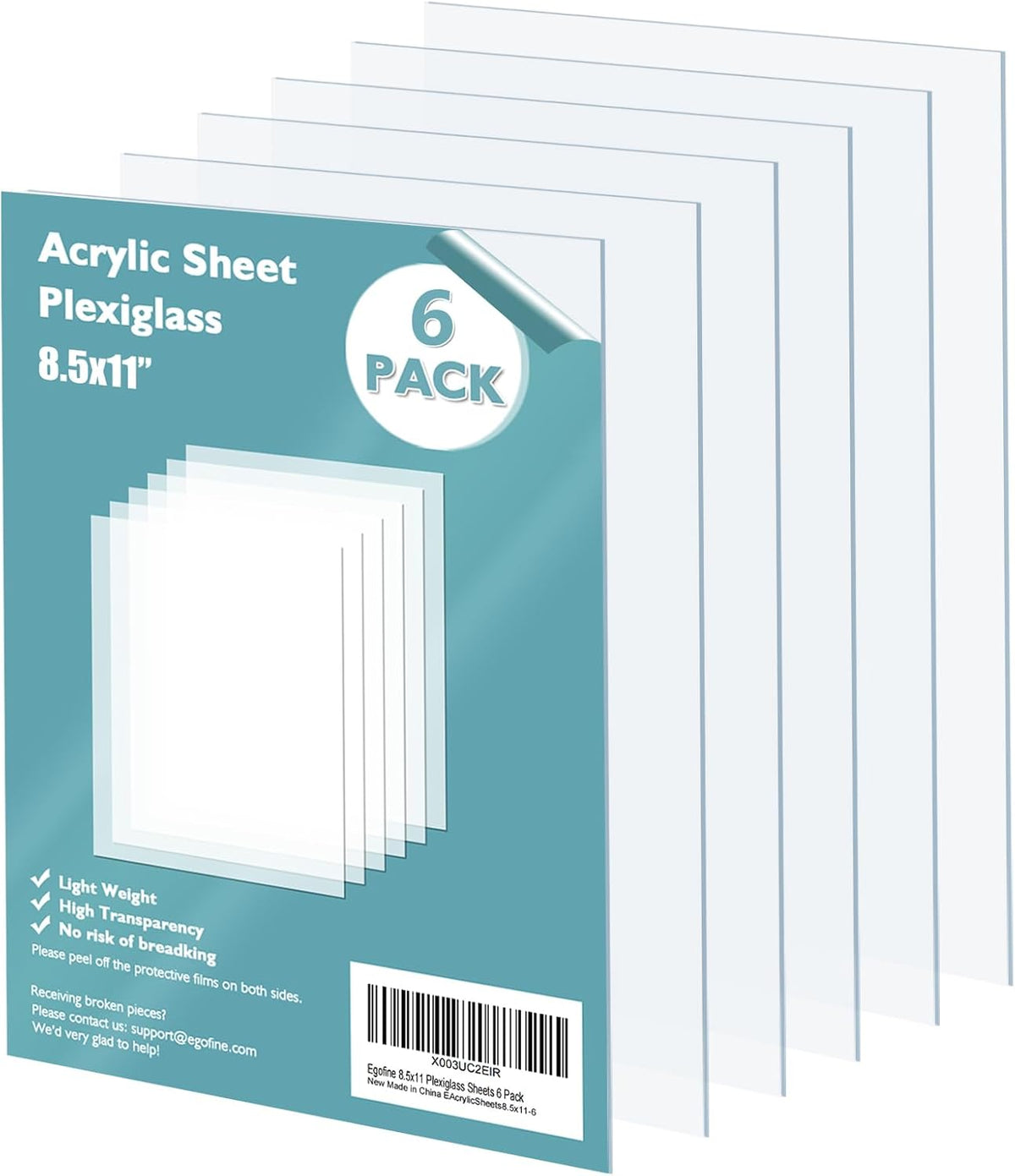 Egofine Plexiglass Sheets Acrylic Sheets 6 Pack of 8x10’’ 0.04 Thick Clear Plastic Cast Transparent Plexi Glass for Crafting Projects, Replacement Picture Frame Glass, DIY Display, Easy to Cut
